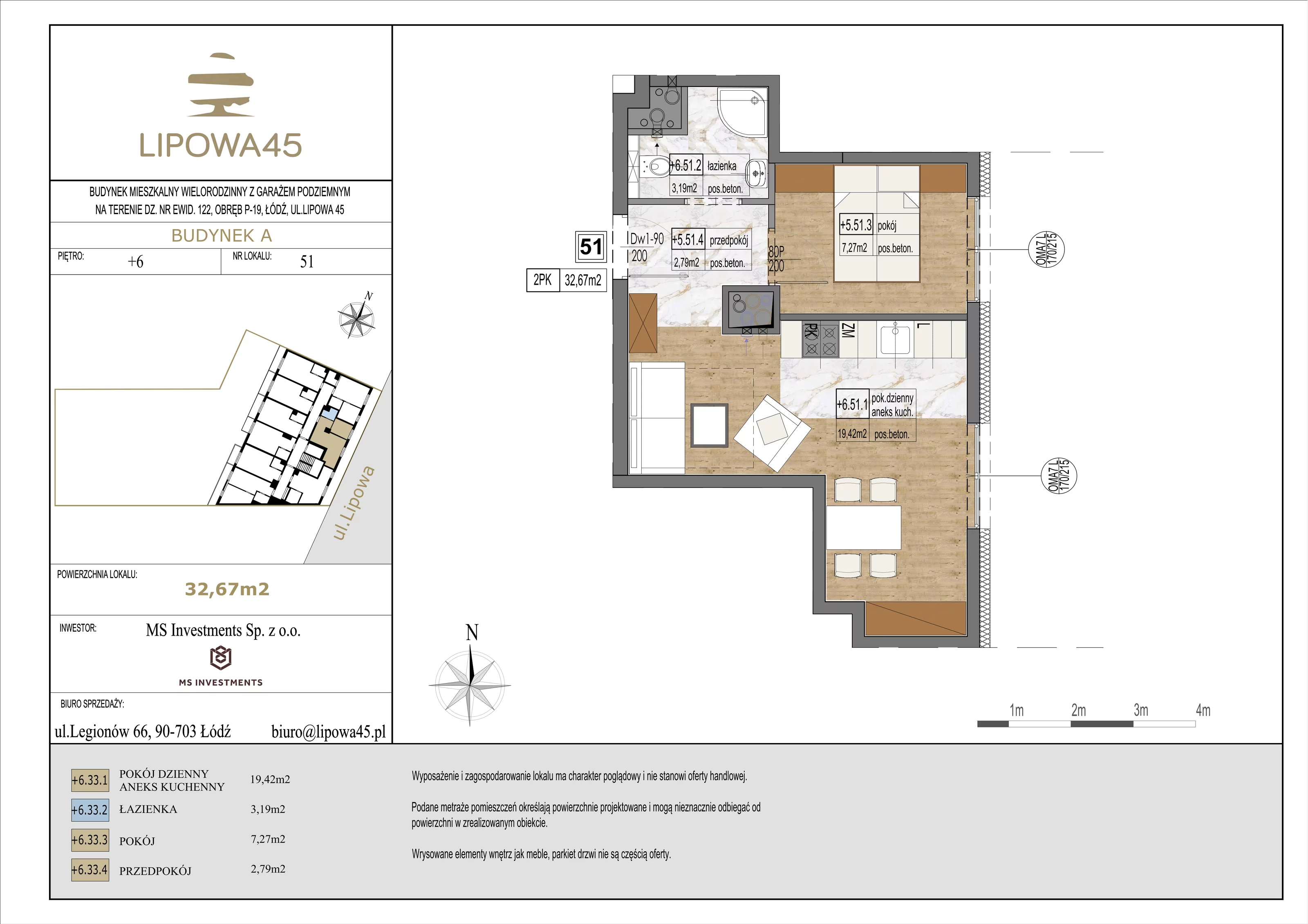 2 pokoje, mieszkanie 32,67 m², piętro 6, oferta nr 51, Lipowa 45, Łódź, Polesie, ul. Lipowa 45